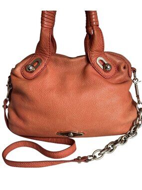 Elliott Lucca Studded Coral Leather Satchel With Chain Strap
